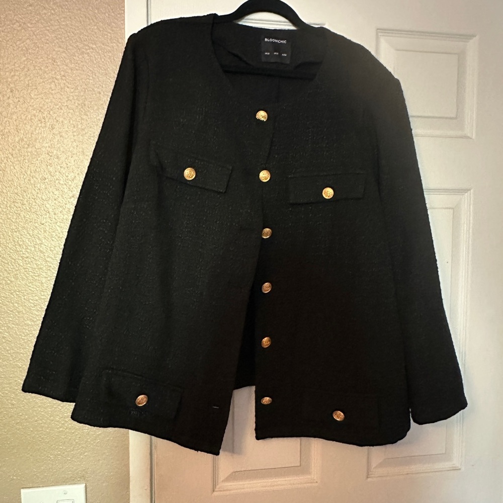 Black Boucle Blazer with Gold Buttons